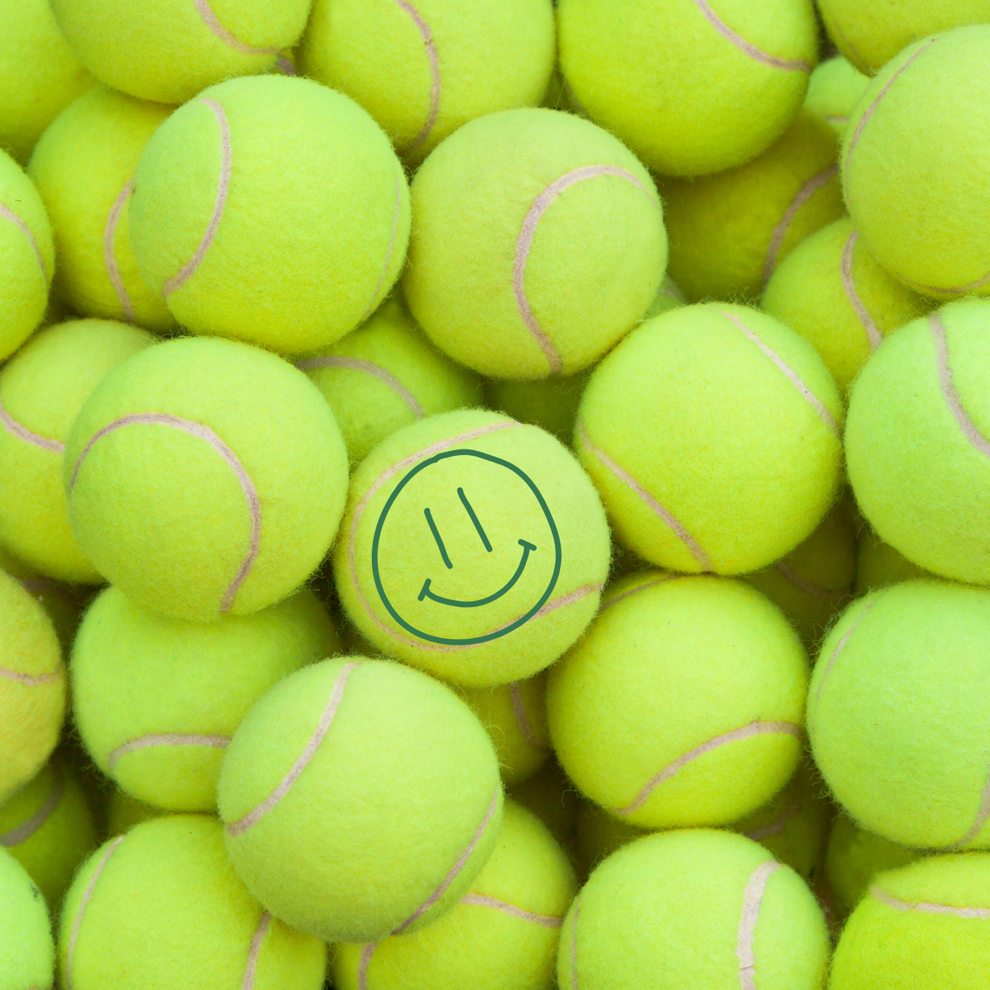 A image with a group of yellow tennis balls, with one featuring a happy face, symbolizes Urban Court’s mission to promote mental well-being for our clients and community through sport and self-expression