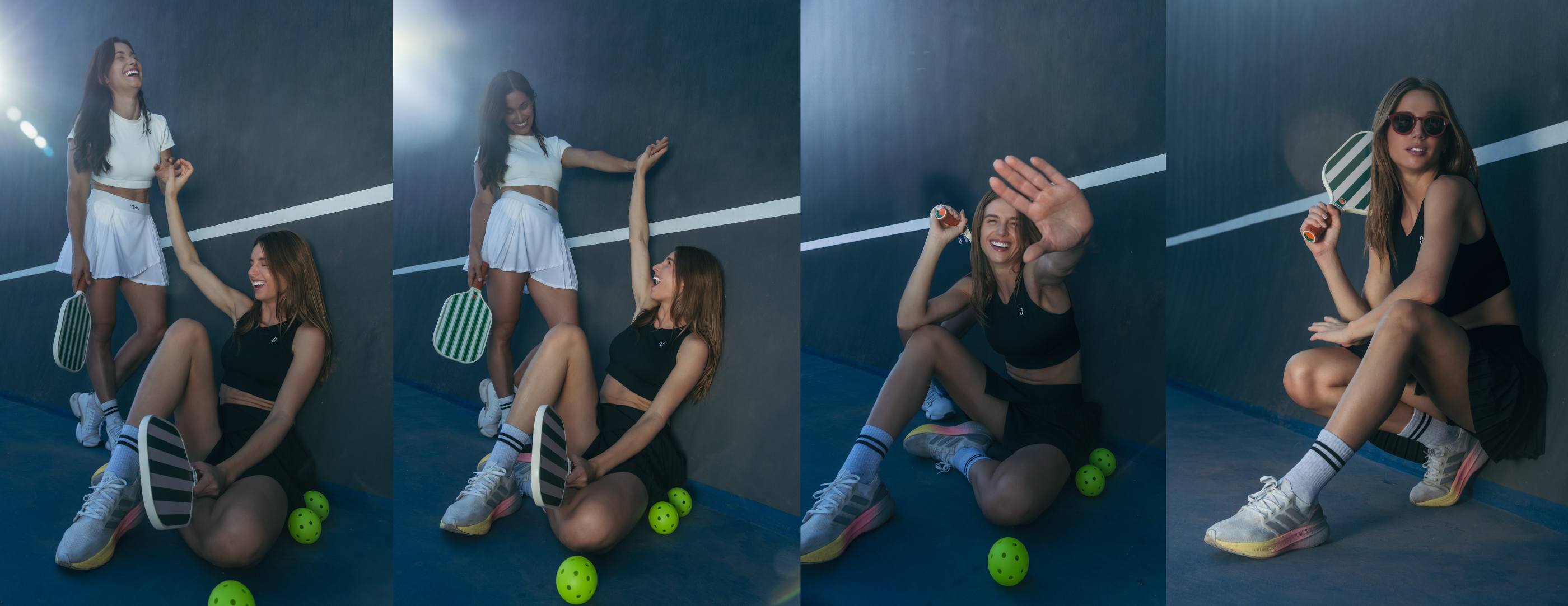 two women pickleball players having fun in the court, smiling and wearing urban court apparel