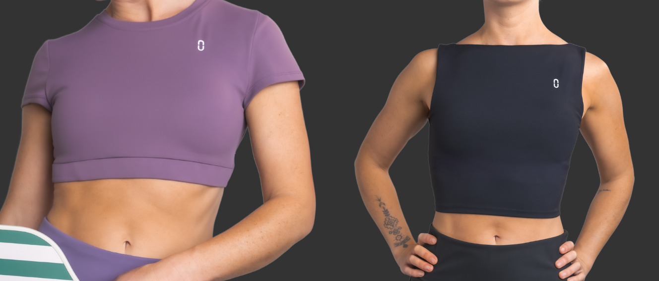 Promotional banner featuring two women wearing a boat neck bra and open-back crop, representing the ‘Performance Bras’ category for shopping